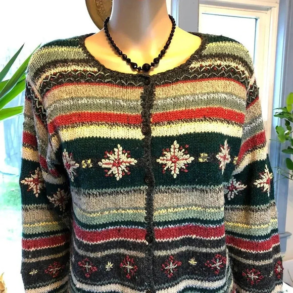 VTG David Brooks Wool Silk Women S Sweater Cardigan Fair Isle Knit Winter Theme - Picture 3 of 8